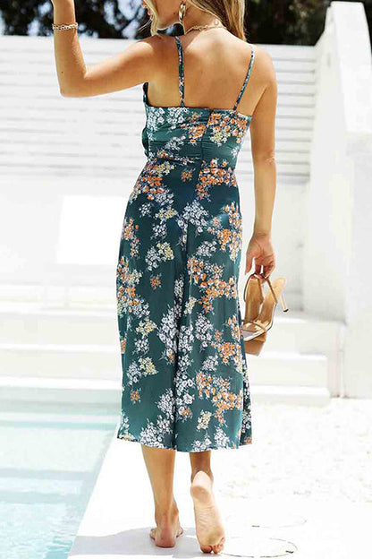 Floral Print Tie Front Cut Out Slit Midi Cami Dress