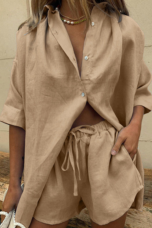 Half Sleeve Button Down Top and Tie Waist Shorts Solid Set
