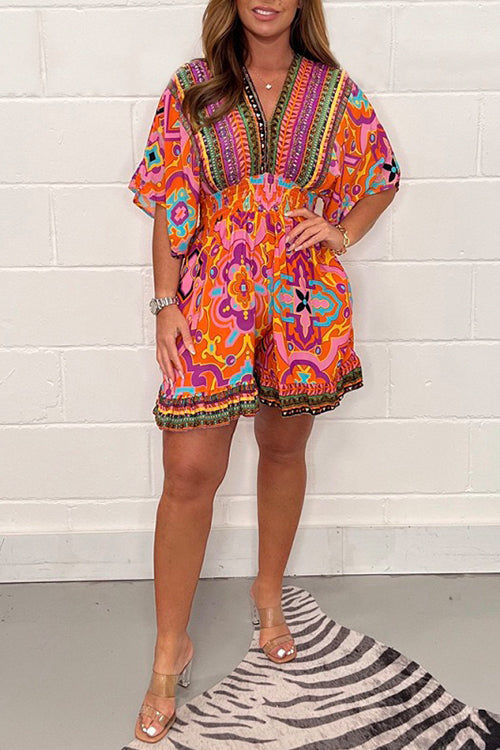 V Neck High Waist Wide Leg Printed Ruffle Romper