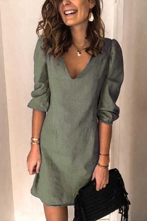 V Neck Cuff Sleeve Solid Mini Dress