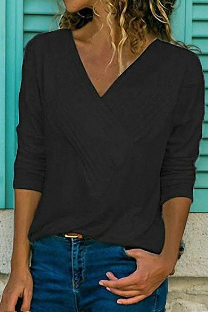 V-neck Long Sleeve Solid Basic Shirts