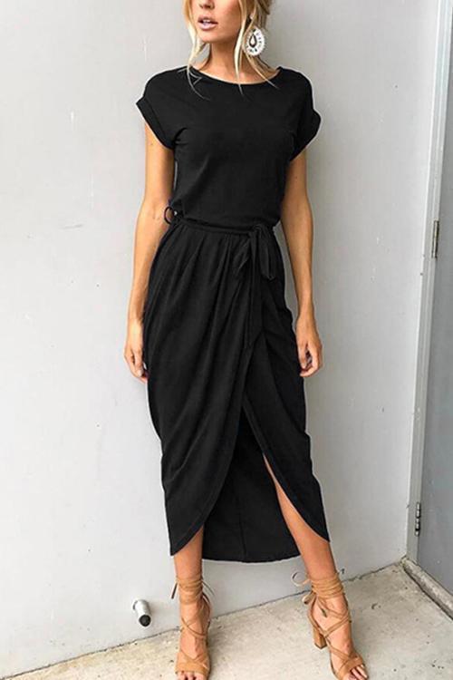 Crewneck Side Split Irregular Slim Dress