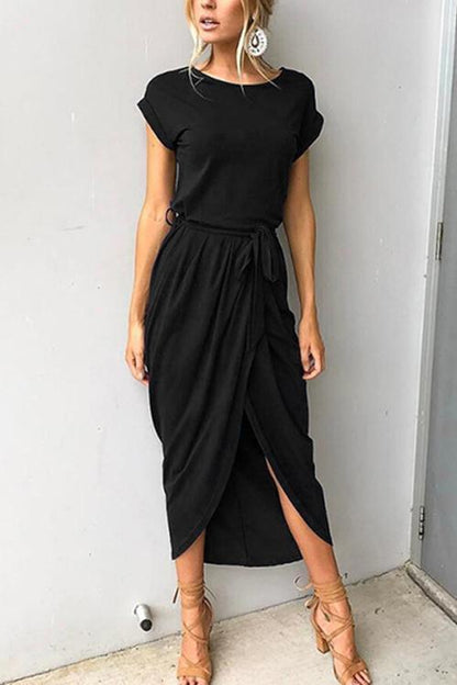 Crewneck Side Split Irregular Slim Dress