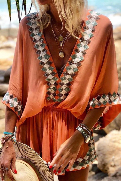 Bohemia V Neck Lantern Sleeve Printed Dress