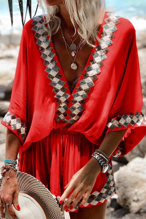 Bohemia V Neck Lantern Sleeve Printed Dress