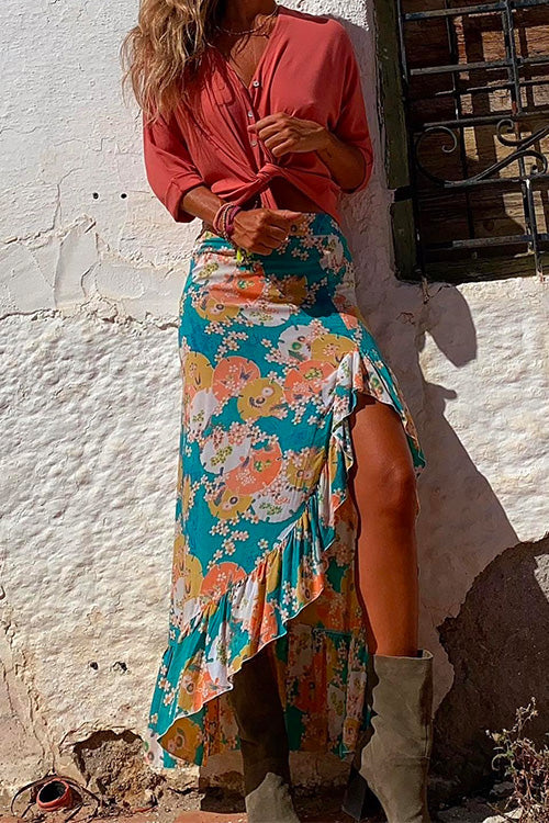 Vintage High Split Ruffle Printed Bodycon Skirts