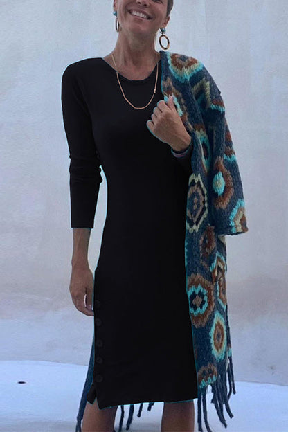 Crewneck Long Sleeve Buttons T-shirt Dress