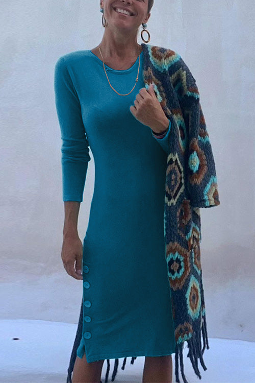 Crewneck Long Sleeve Buttons T-shirt Dress