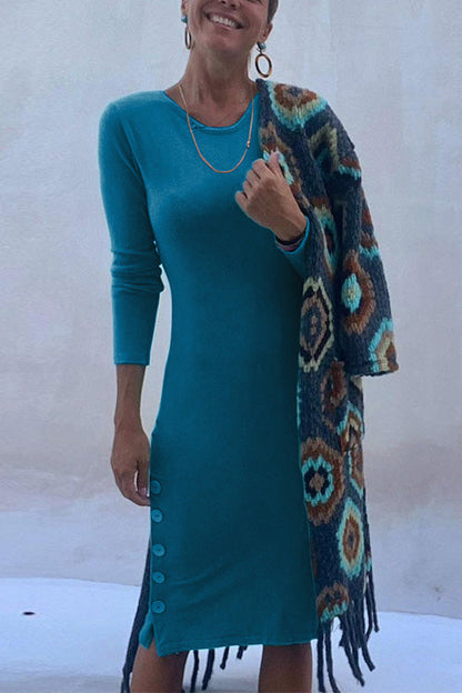 Crewneck Long Sleeve Buttons T-shirt Dress