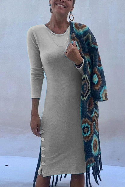 Crewneck Long Sleeve Buttons T-shirt Dress