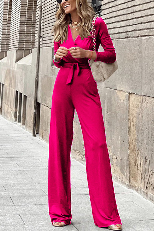 Wrap V Neck Long Sleeve Tie Waist Maxi Jumpsuit