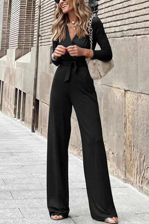 Wrap V Neck Long Sleeve Tie Waist Maxi Jumpsuit