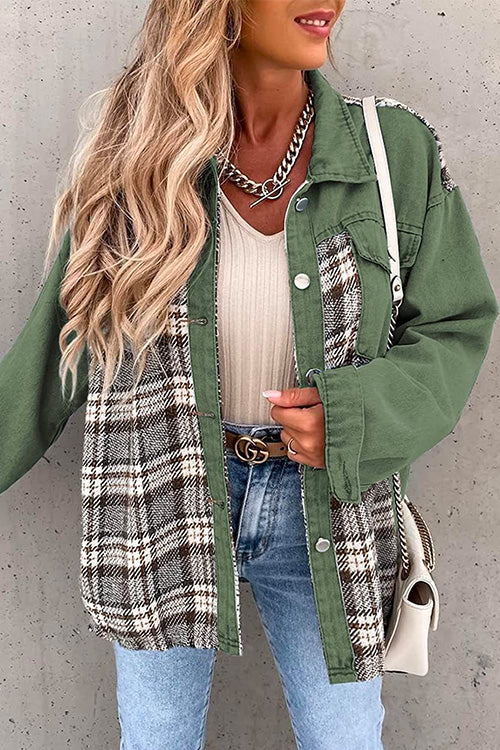 Button Down Long Sleeve Splice Plaid Jacket