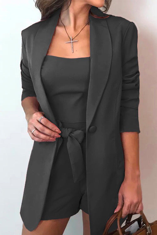 Square Collar Top and One Button Cardigans Tie Waist Shorts Three Pieces