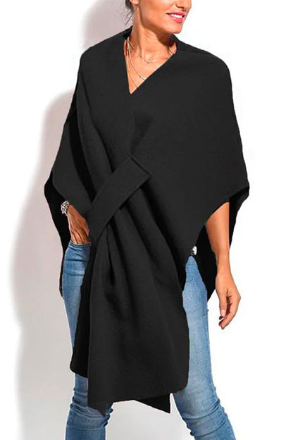 Solid V Neck Wrapped Batwing Cloak Sweater