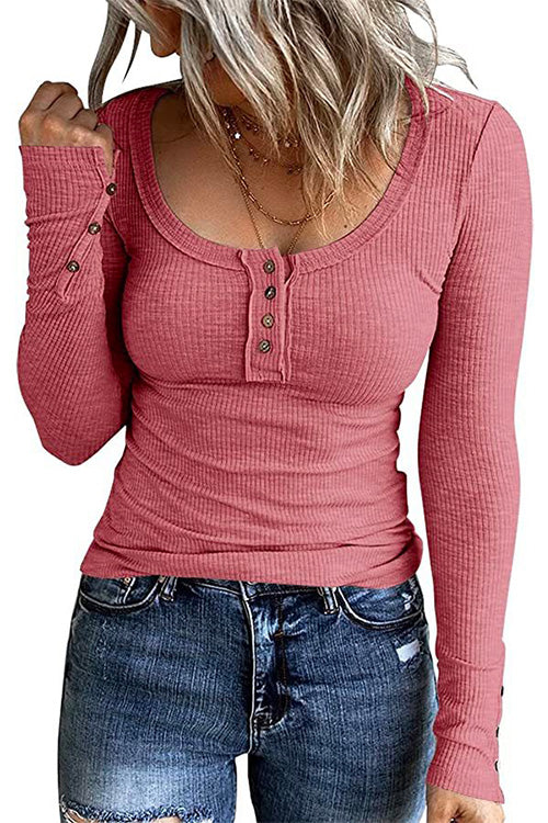 Crewneck Buttons Long Sleeve Bottoming Top