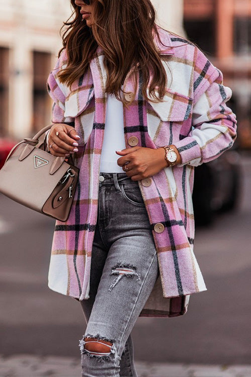 Casual Lapel Button Down Pockets Plaid Cardigans