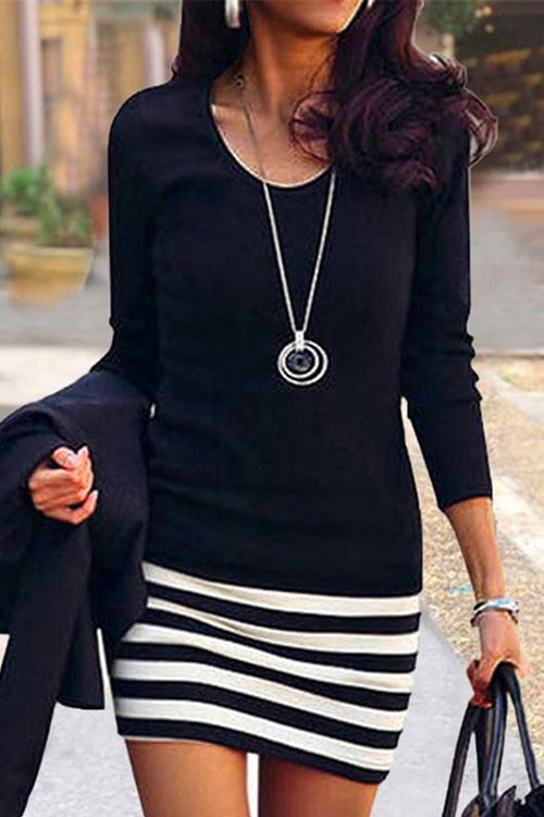Crewneck Long Sleeve Stripes Splice Dress