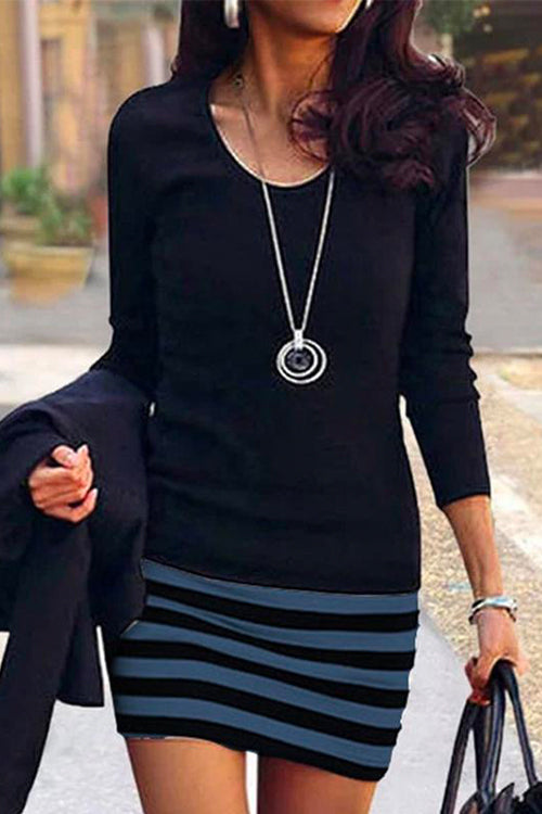 Crewneck Long Sleeve Stripes Splice Dress