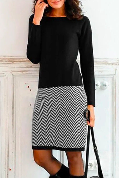 Crewneck Long Sleeve Houndstooth Splice Dress
