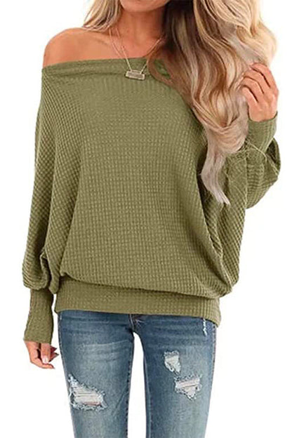 Solid Batwing Long Sleeves Waffle Top