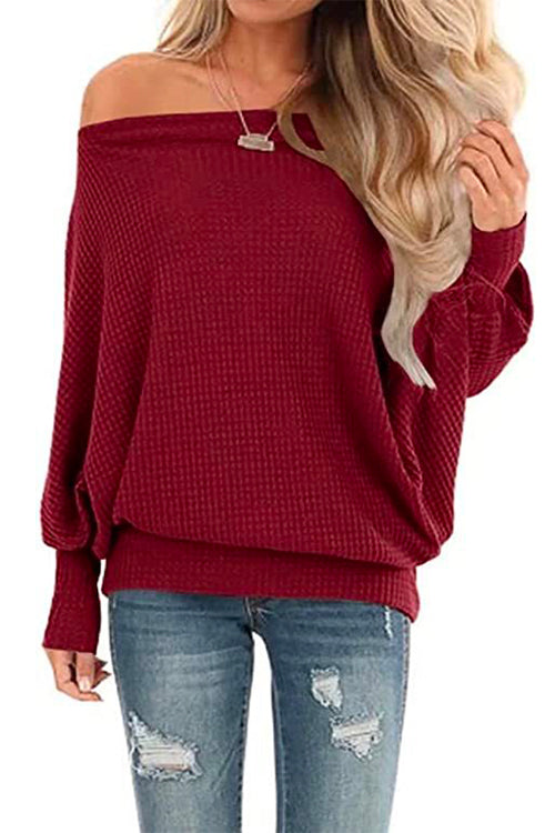 Solid Batwing Long Sleeves Waffle Top