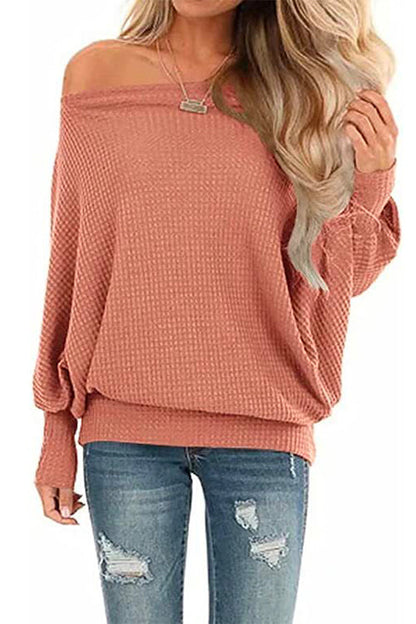 Solid Batwing Long Sleeves Waffle Top