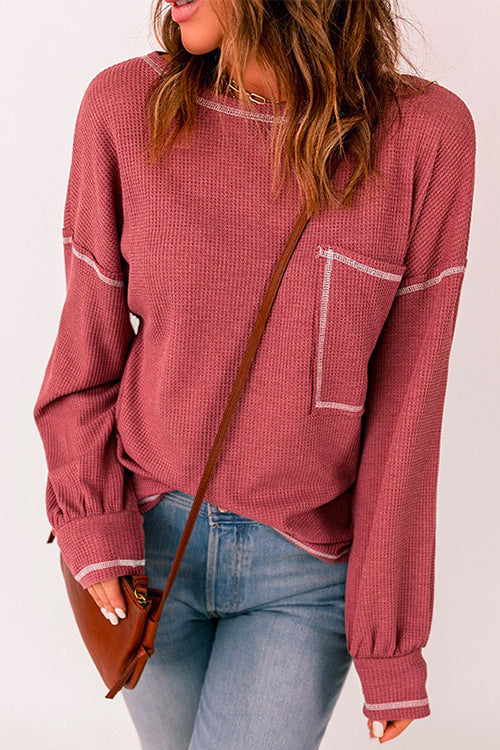 Crewneck Long Sleeve Color Block Waffle Top