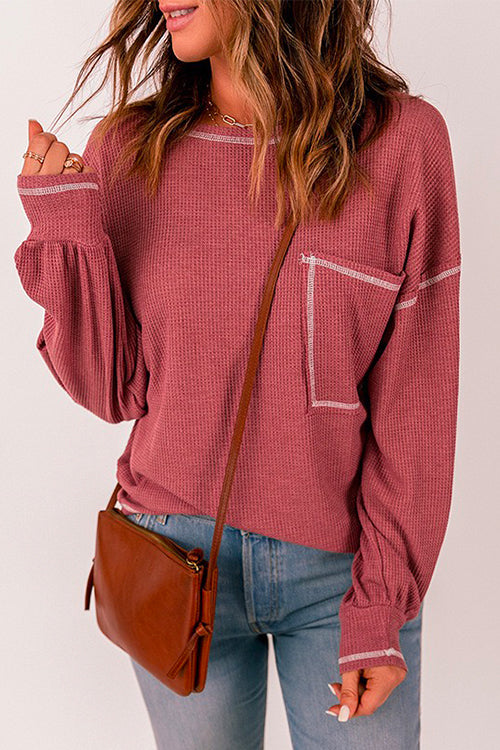 Crewneck Long Sleeve Color Block Waffle Top