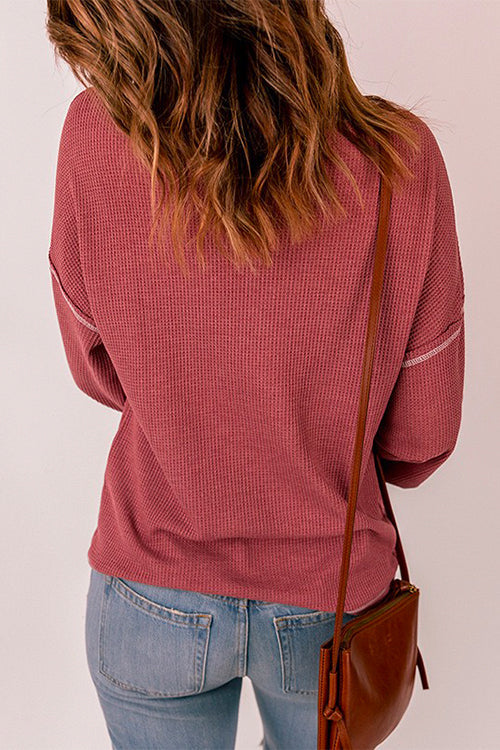 Crewneck Long Sleeve Color Block Waffle Top