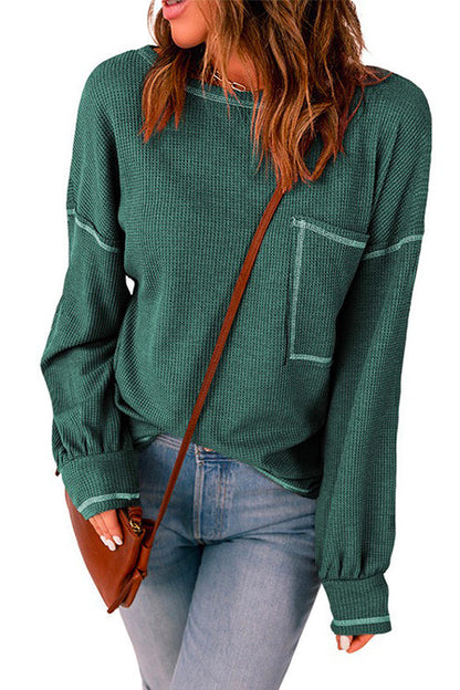 Crewneck Long Sleeve Color Block Waffle Top