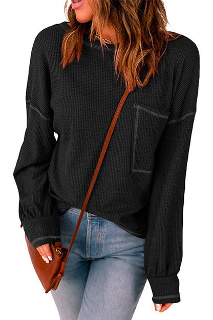 Crewneck Long Sleeve Color Block Waffle Top