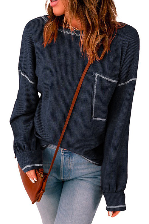 Crewneck Long Sleeve Color Block Waffle Top