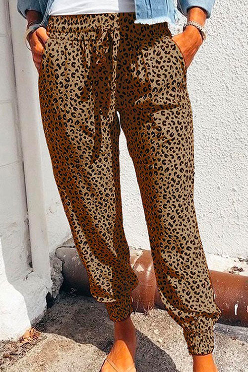 Casual Tie Waist Leopard Joggers Pants with Pockets