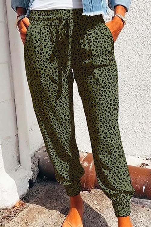 Casual Tie Waist Leopard Joggers Pants with Pockets