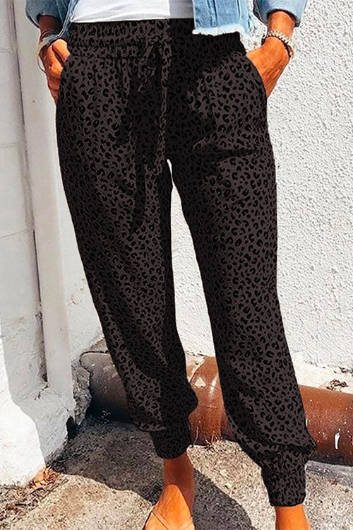Casual Tie Waist Leopard Joggers Pants with Pockets