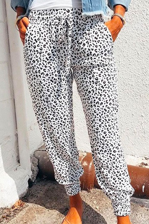 Casual Tie Waist Leopard Joggers Pants with Pockets