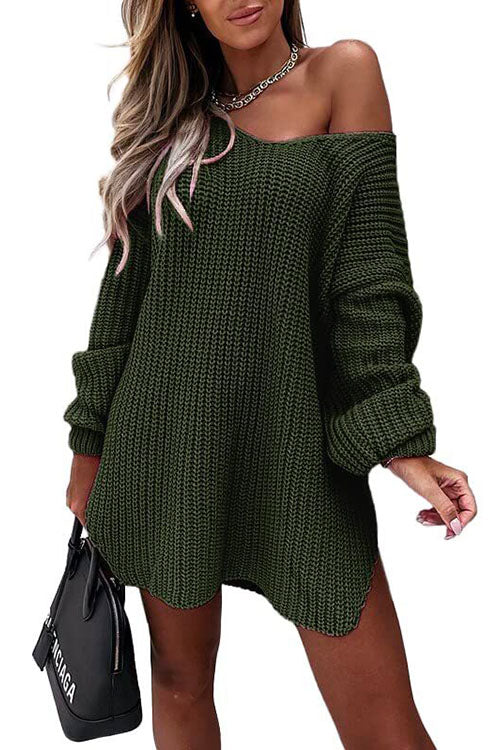 V Neck Lantern Sleeve Swing Sweaters