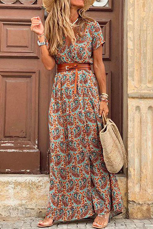 Bohemia Wrap V Neck High Split Printed Dress