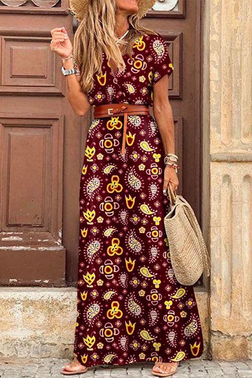 Bohemia Wrap V Neck High Split Printed Dress