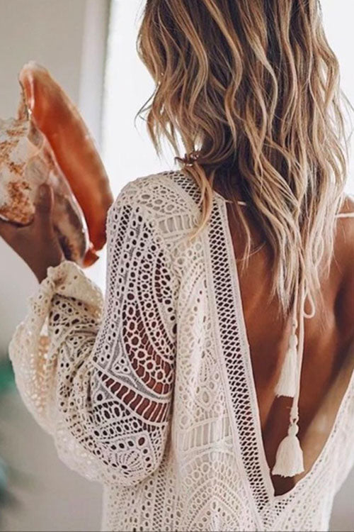 V Neck Puff Sleeve Hollow Out Cover Up Dress