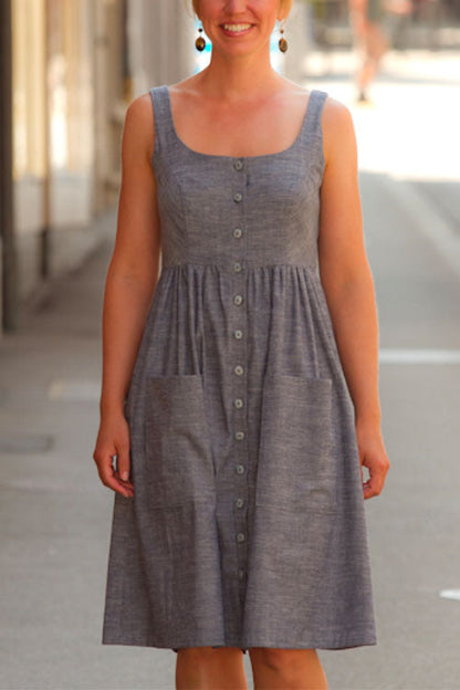 U Neck Button Down Tank Dress with Pockets
