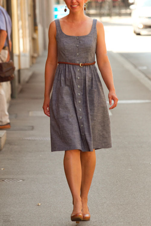 U Neck Button Down Tank Dress with Pockets