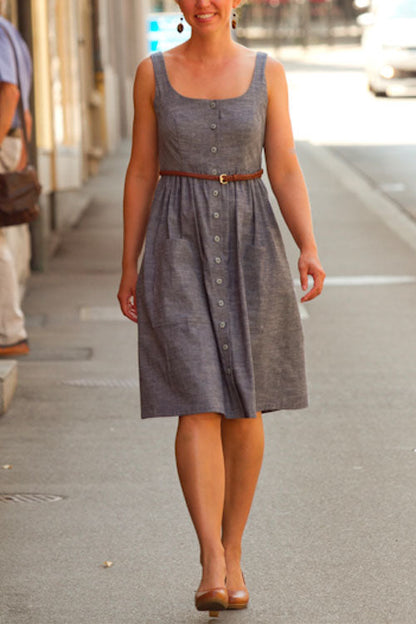 U Neck Button Down Tank Dress with Pockets