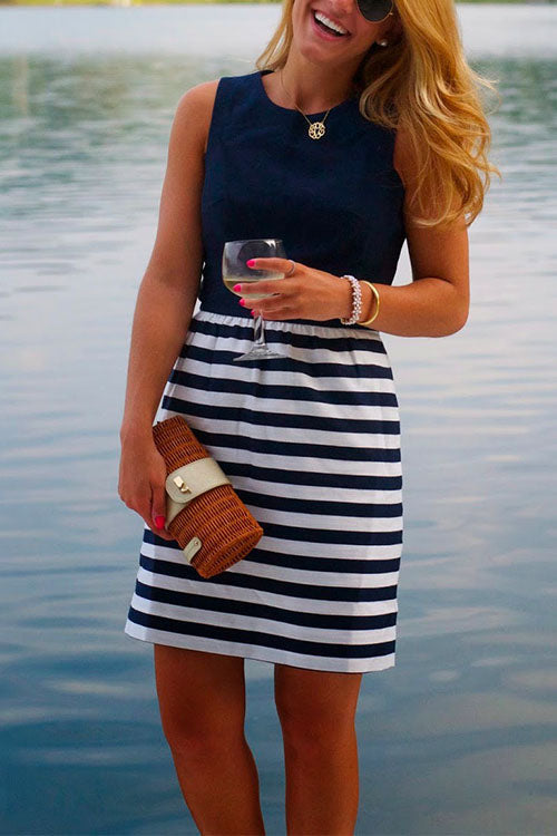 Casual Crewneck Sleeveless Stripes Dress