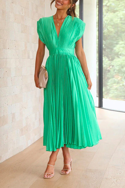 Deep V Neck Waisted Maxi Pleated Swing Dress