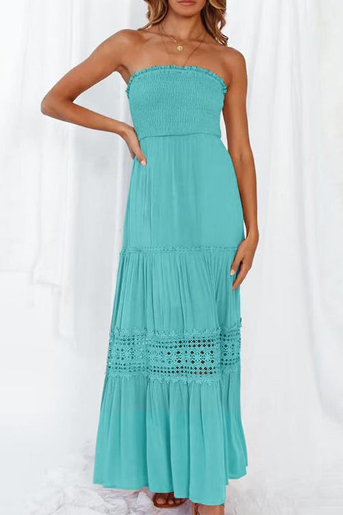 Strapless Tube Hollow Out Lace Splice Tiered Maxi Dress
