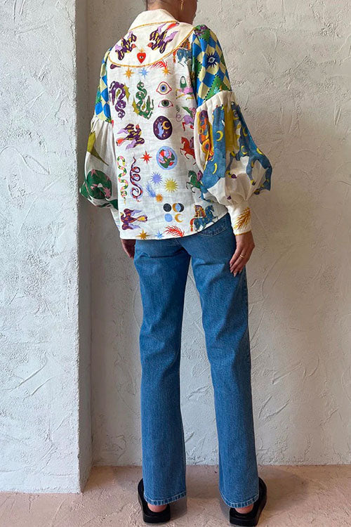 Balloon Long Sleeve Graffiti Printed Blouse Shirt
