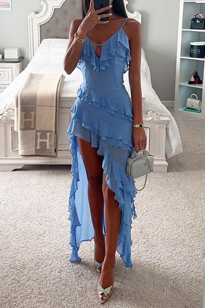 V Neck Ruffle Trim High Low Hem Party Cami Dress