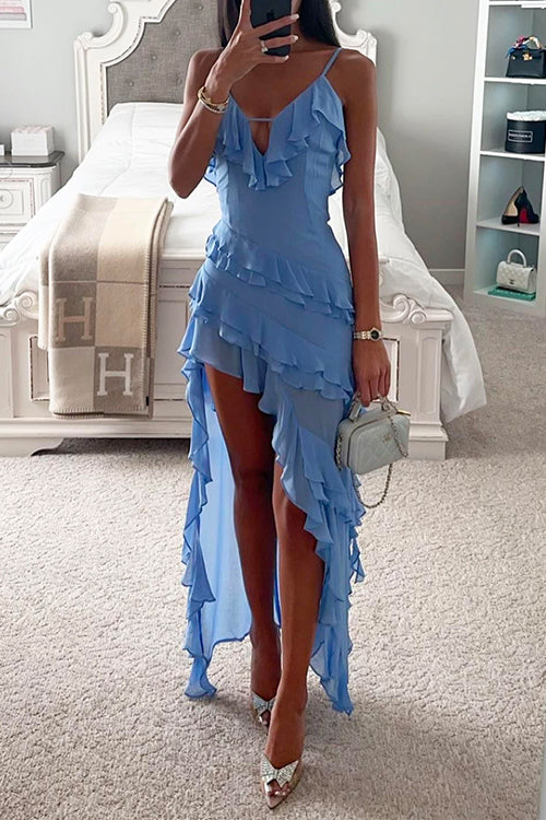 V Neck Ruffle Trim High Low Hem Party Cami Dress